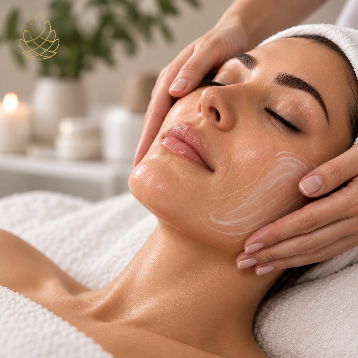 A woman relaxing during a professional facial massage